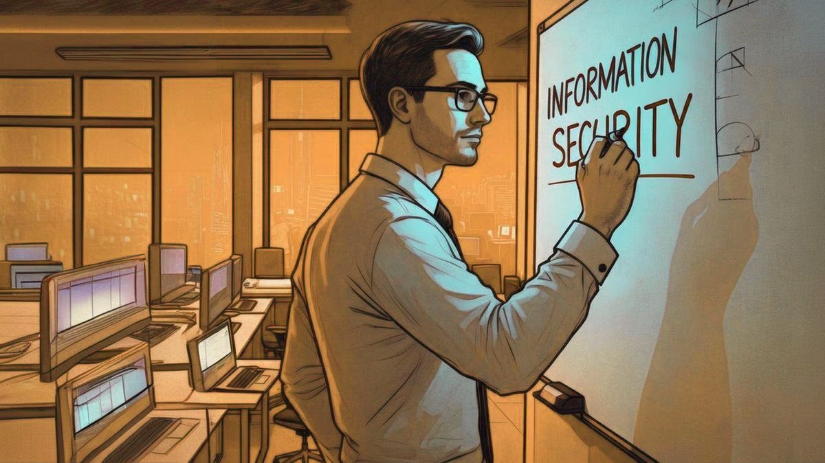 Security officer writing Informationsecurity on whiteboard